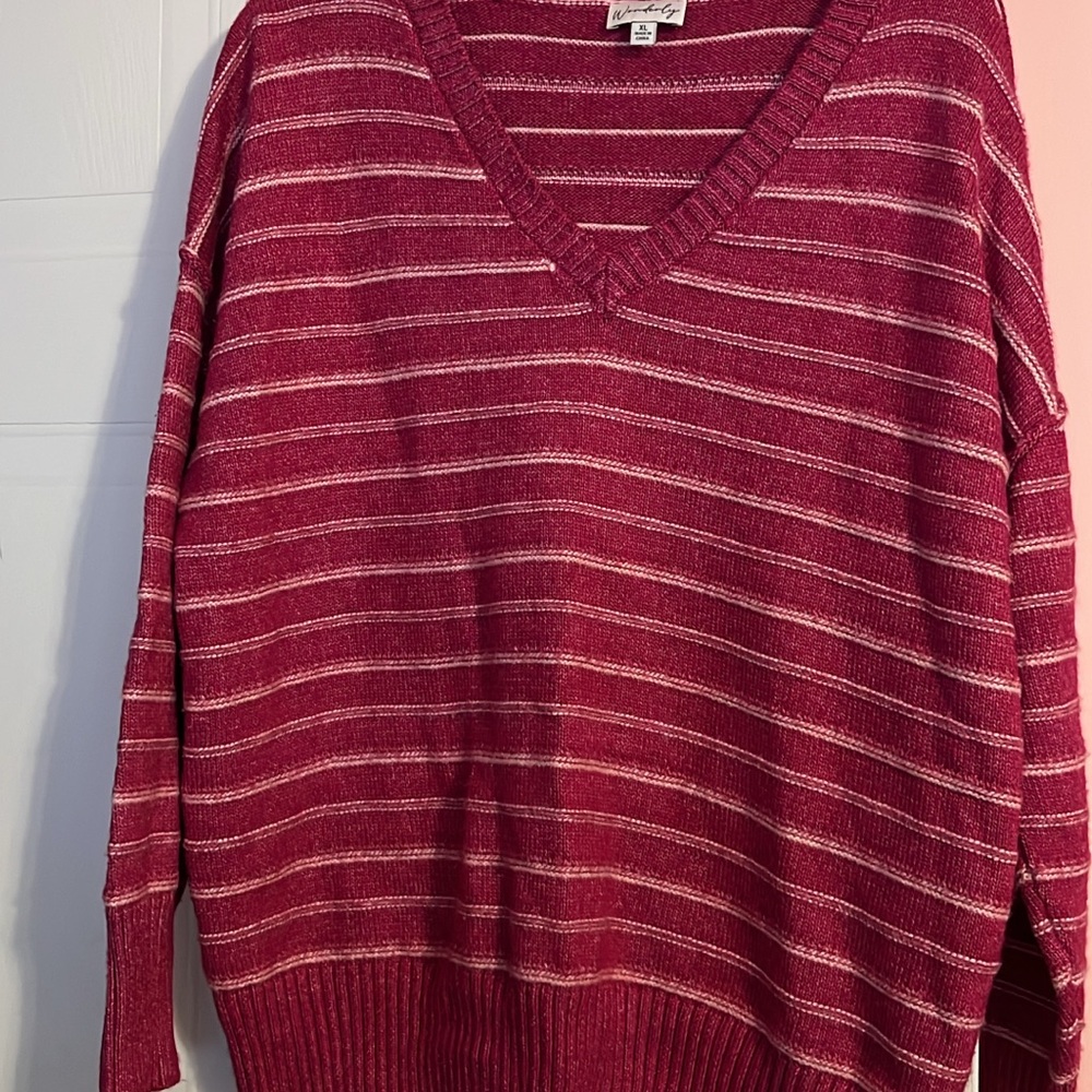 Wonderly Women's V-Neck Sweater - Pink and White Stripes